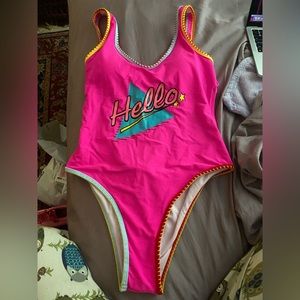 80’s Barbie inspired “hello” fusschia pink one piece swimsuit
